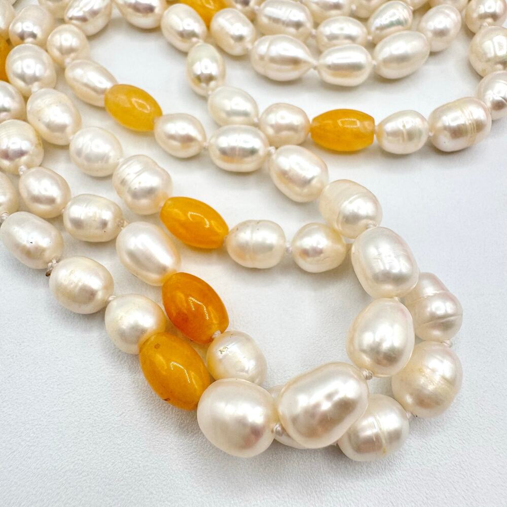 Flapper Length Cultured Pearl and Peach Gemstone Necklace Knotted Beachy Summery - Picture 5 of 16